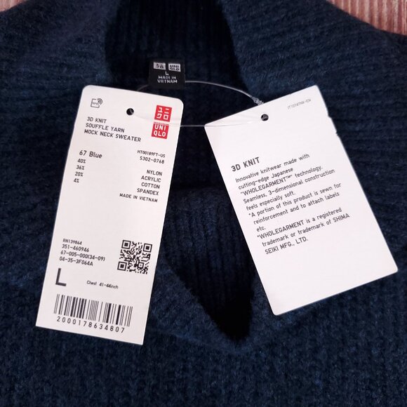 NWT Uniqlo Mens Size Large 3D Knit Souffle Yarn Mock Neck Sweater Navy Blue - Picture 7 of 12